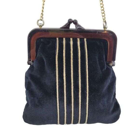 1940's Evening Bag Velvet Art Deco Mid Modern Century Asian Framed Kiss Black - Picture 7 of 13